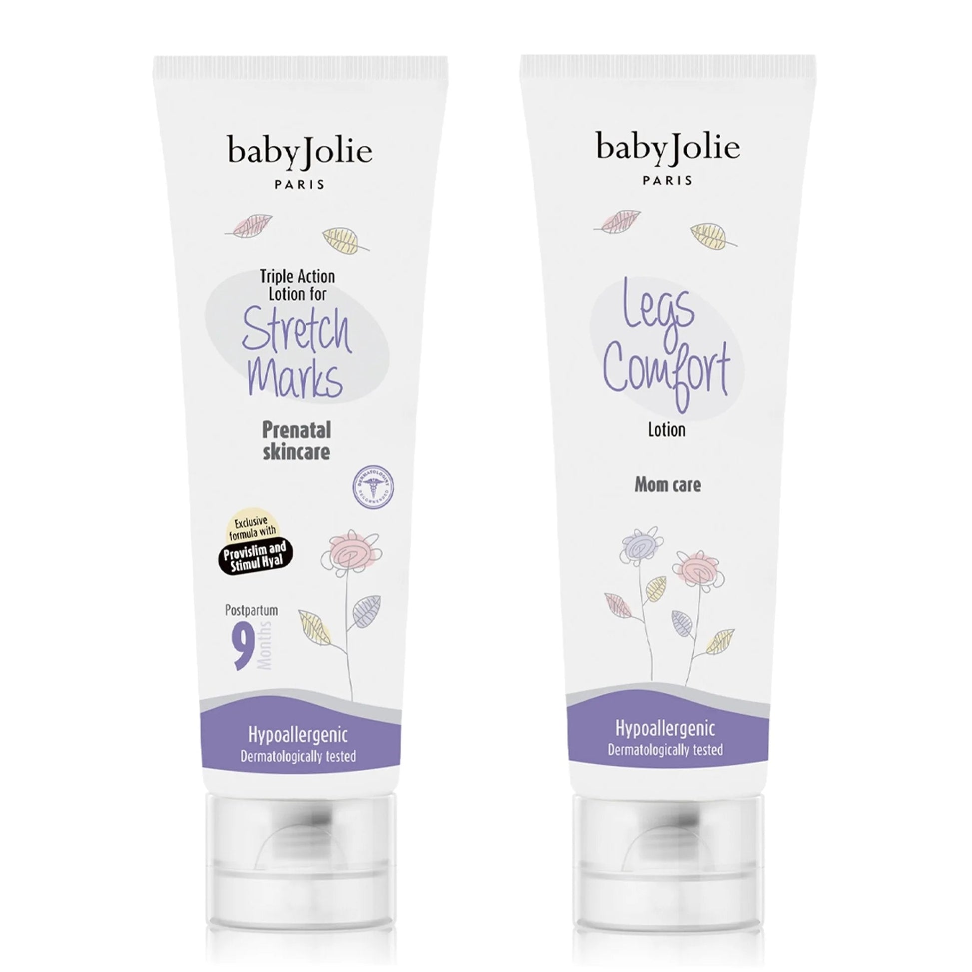 Baby Jolie white tubes of stretch mark cream and legs comfort lotion with floral designs and purple accents.