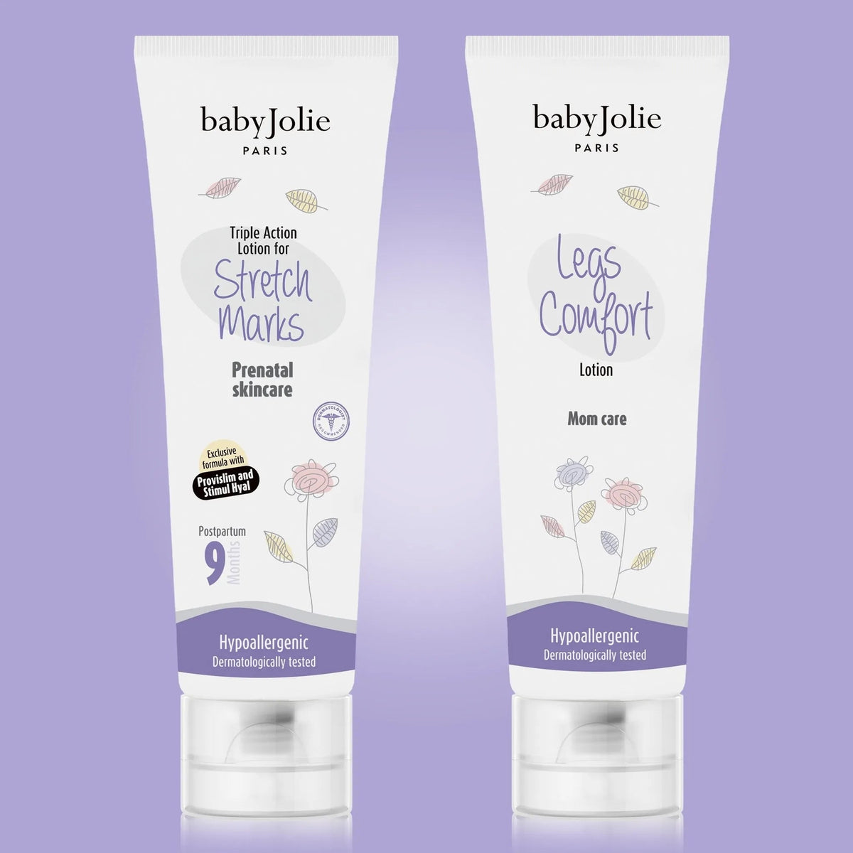 Baby Jolie pregnancy care set featuring white tubes of stretch mark cream and legs comfort lotion with floral designs.