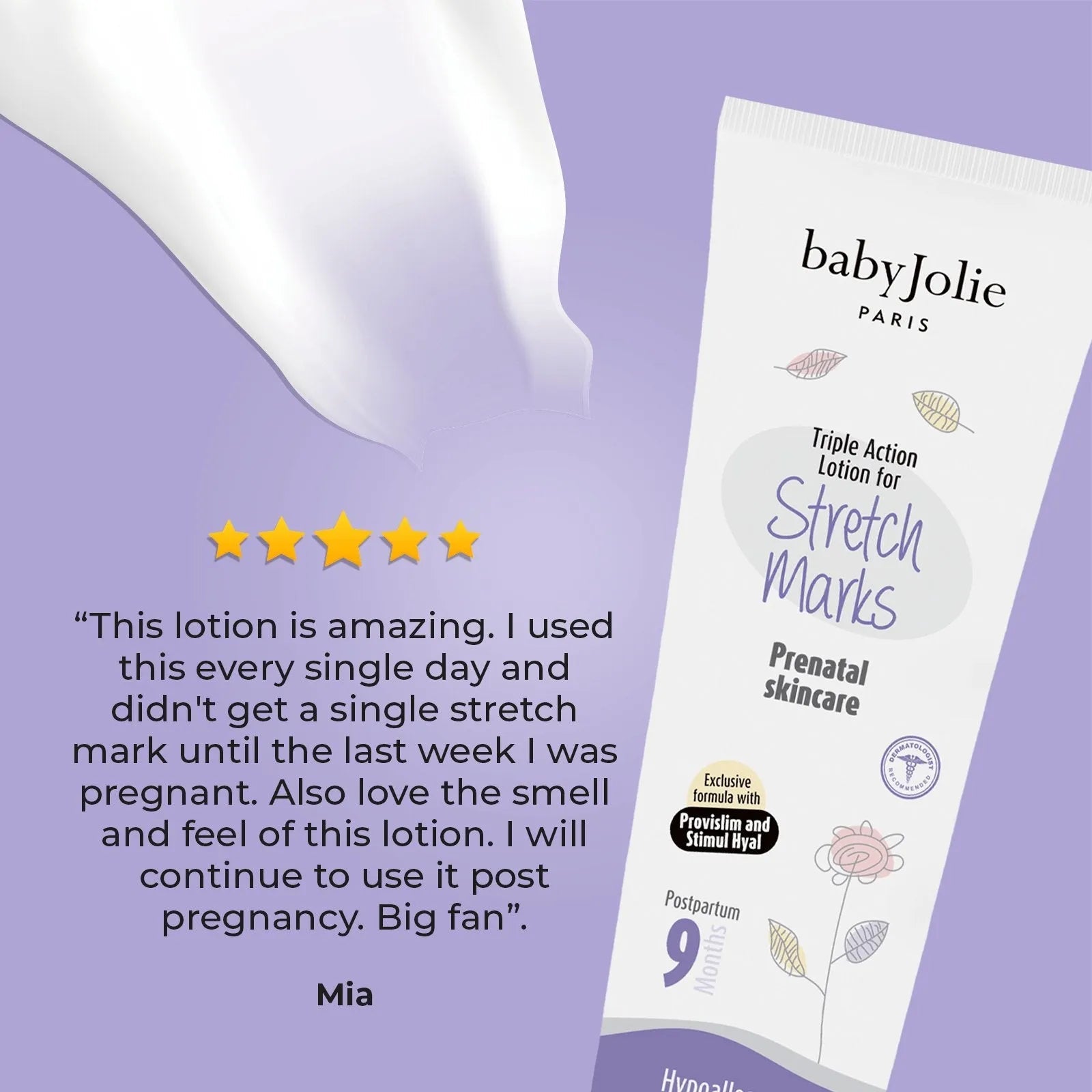 Baby Jolie stretch mark cream tube on a purple background with a five-star customer review and white lotion texture.