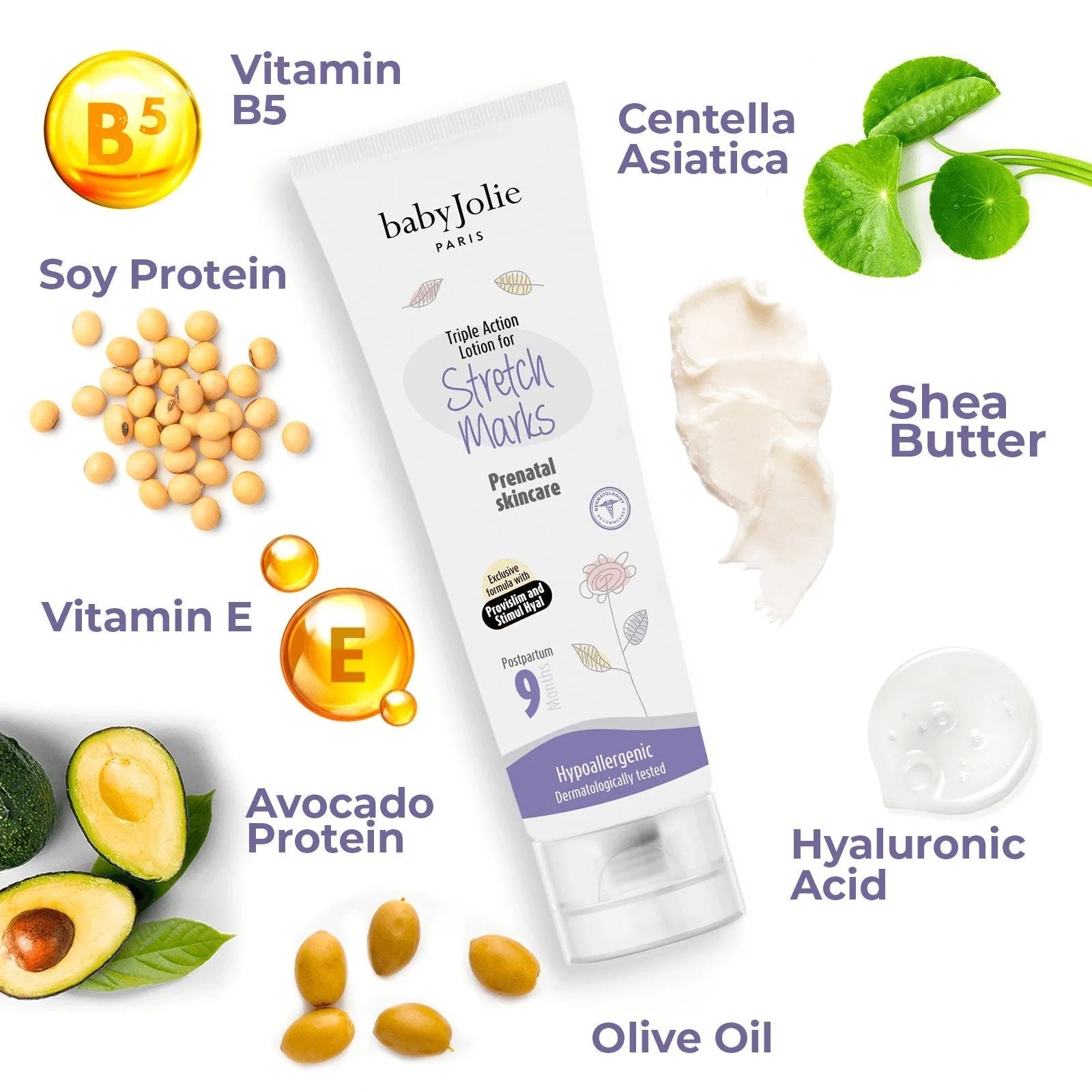 Baby Jolie stretch mark cream tube surrounded by natural ingredients like avocado, shea butter, and vitamins.