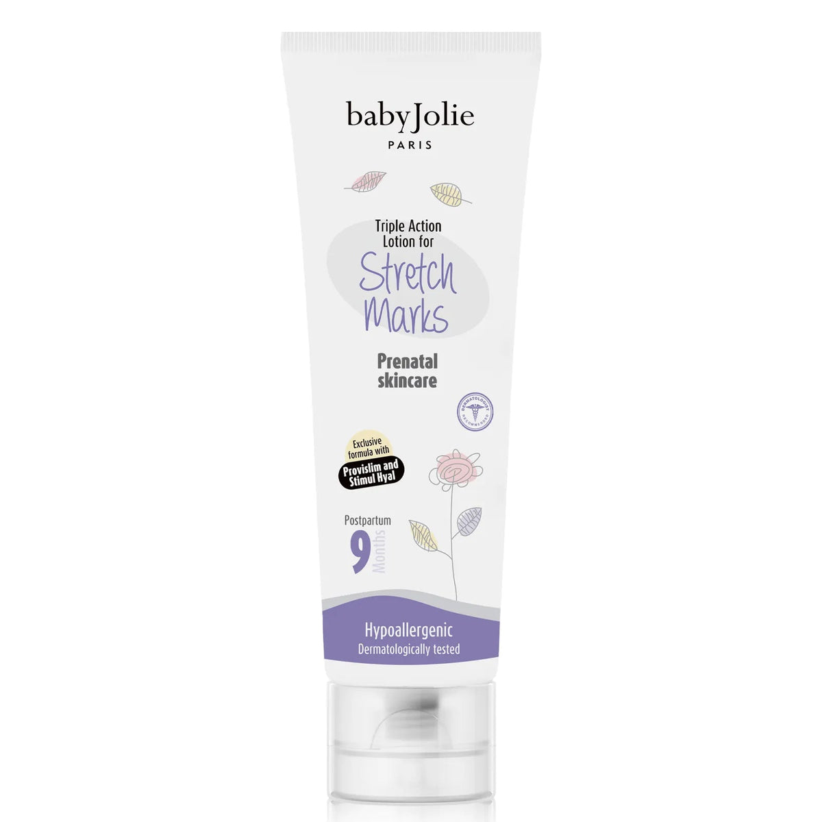 Baby Jolie white squeeze tube of Triple Action Stretch Marks Cream with floral illustrations and purple accents.
