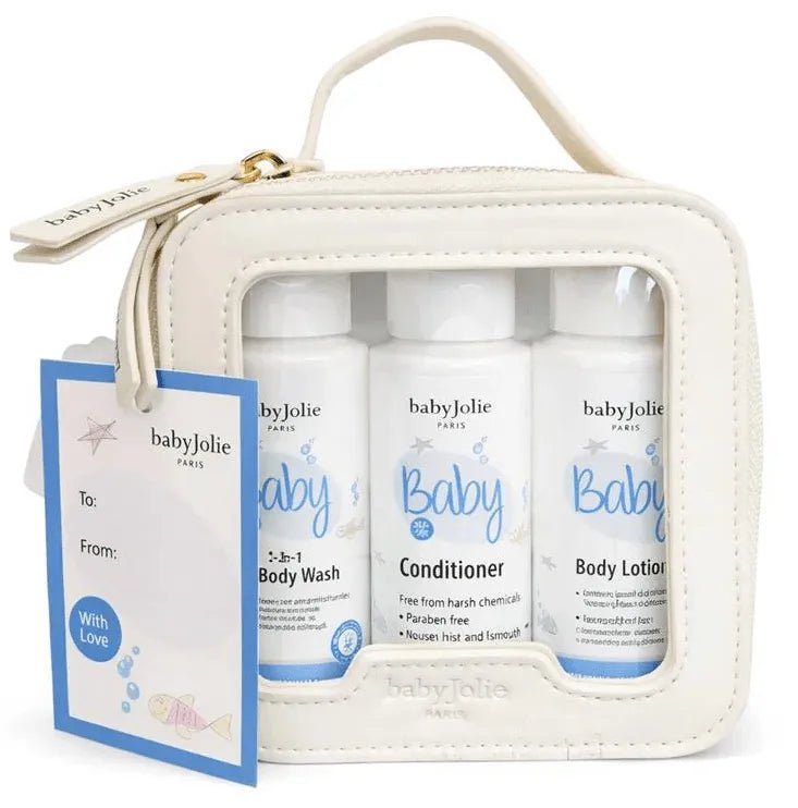 Baby Jolie travel kit with 2oz hair and body wash, conditioner, and lotion in a clear-windowed white zip pouch with gift tag.