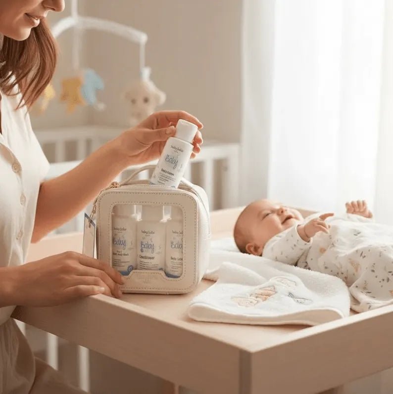 Baby Jolie travel kit with three 2oz bottles in a clear, cream-colored zip pouch held by a woman near a baby.