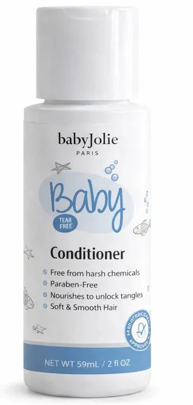 Baby Jolie 2 oz tear-free baby hair conditioner bottle with white cap and blue accents on a white background.