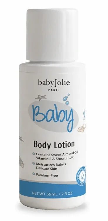 Baby Jolie 2 oz travel-size body lotion bottle with white cap, blue accents, and gentle, paraben-free skincare labeling.