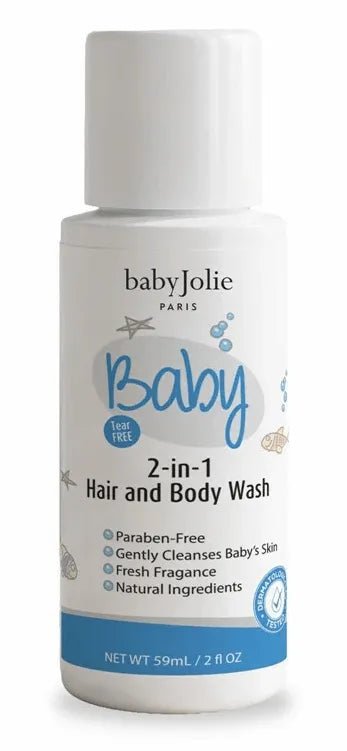 Baby Jolie 2-in-1 hair and body wash in a 2 oz white travel-sized bottle with blue accents and playful sea-themed graphics.