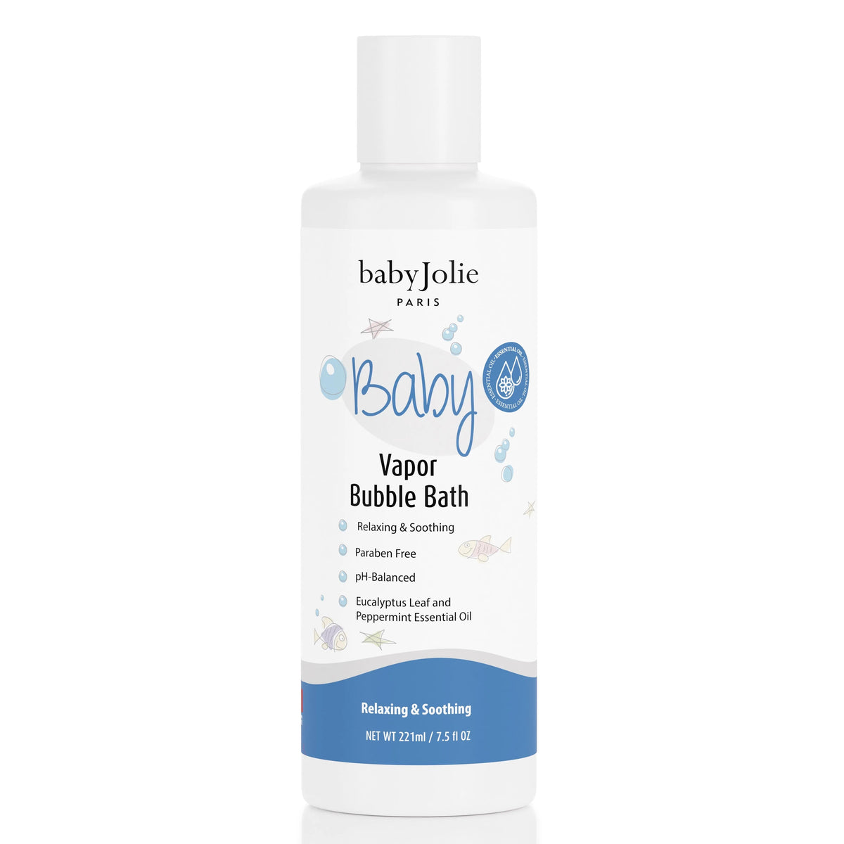 Baby Jolie 7.5 oz white bottle of vapor bubble bath with blue accents, eucalyptus, and peppermint essential oils.