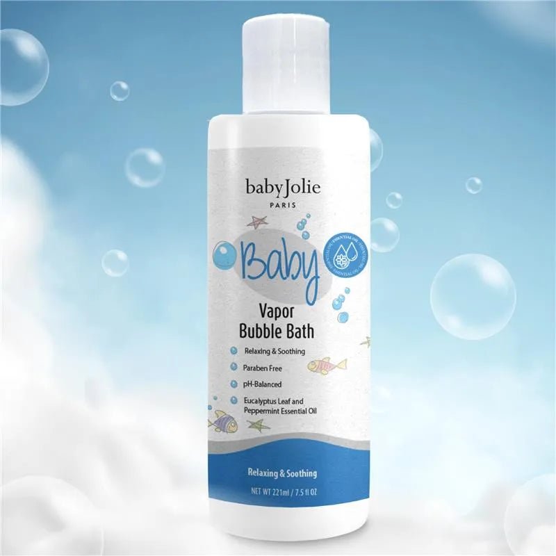 Baby Jolie 7.5 oz vapor bubble bath bottle with white cap, blue label, and playful fish graphics against a bubbly background.